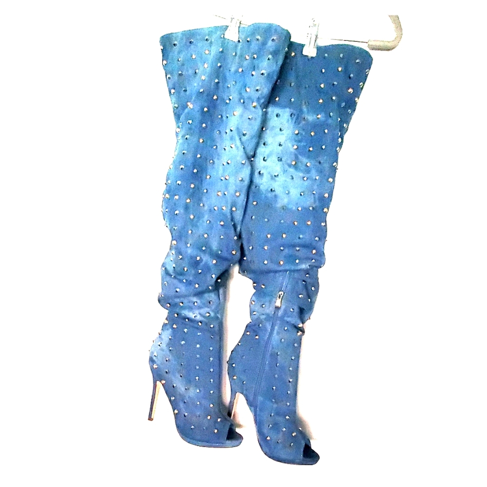 Blue denim/gold studded over the knee boot.
